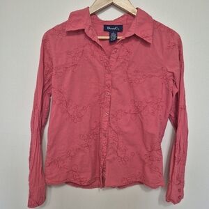 Denim & Co. Pink Floral Embroidered Button Down Shirt – Size S